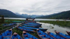 Blue wooden boats lined up near a calm lake with mountains in the background.