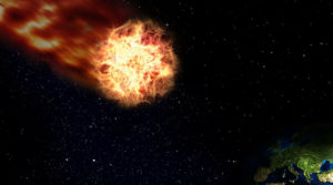 A fiery meteor blazing through space against a starry background.