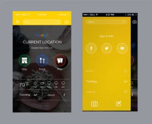 Weather app showing current conditions and forecast with yellow theme.