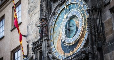 Close-up of an ornate historic astronomical clock on a stone building.