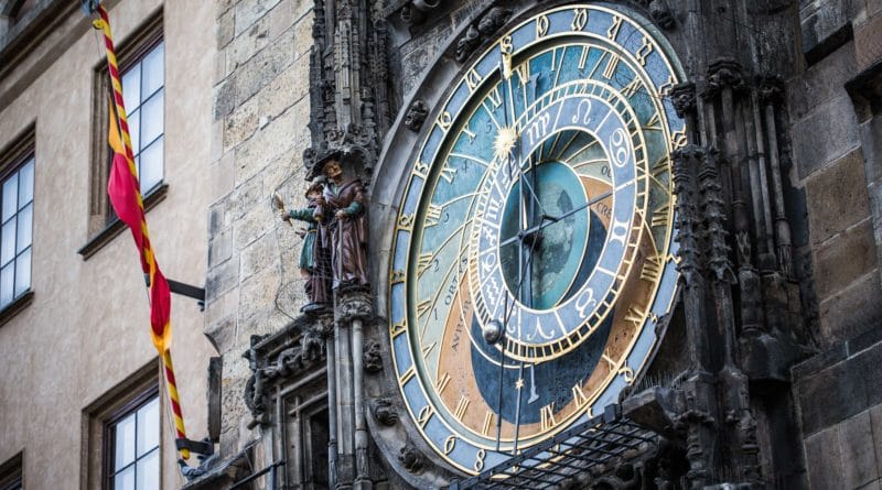 Close-up of an ornate historic astronomical clock on a stone building.