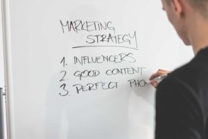 A person writing marketing strategy points on a whiteboard.