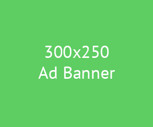 Green advertisement banner with white text '300x250 Ad Banner'.