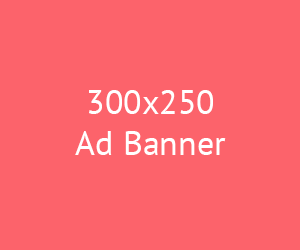A simple 300x250 ad banner with a coral background and white text.