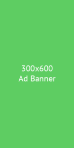A simple green ad banner with white text showing 300x600 dimensions.