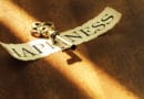 A vintage key casting a shadow over the word 'Happiness'.