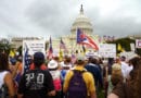 Crowd gathers at the U.S. Capitol with various flags and protest signs.