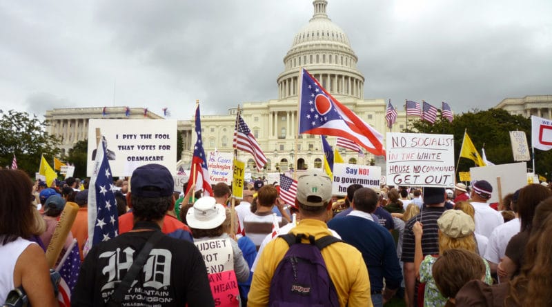 Crowd gathers at the U.S. Capitol with various flags and protest signs.