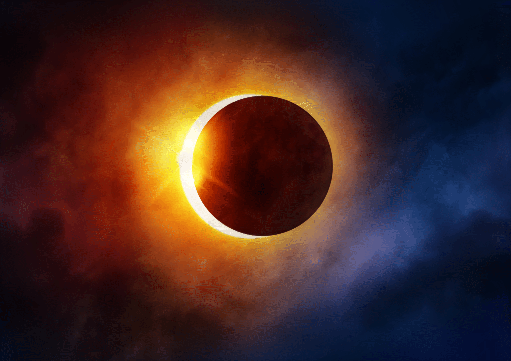 A vibrant solar eclipse with glowing corona and darkened moon.