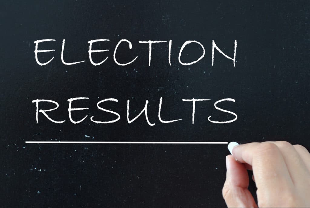 Hand writing 'ELECTION RESULTS' on a blackboard.