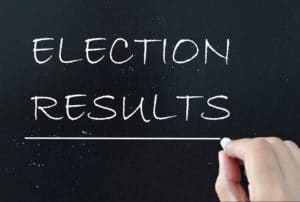 Hand writing 'ELECTION RESULTS' on a blackboard.