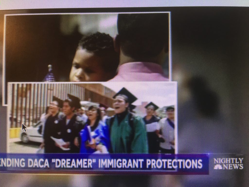 Two children and a graduation scene with a news headline about DACA protections.