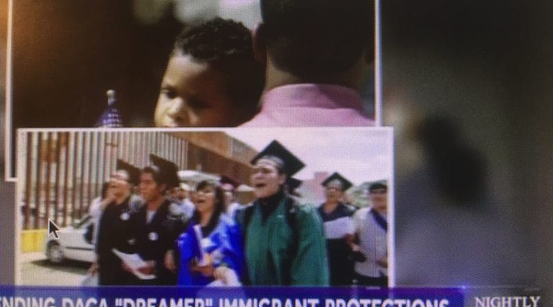 Two children and a graduation scene with a news headline about DACA protections.