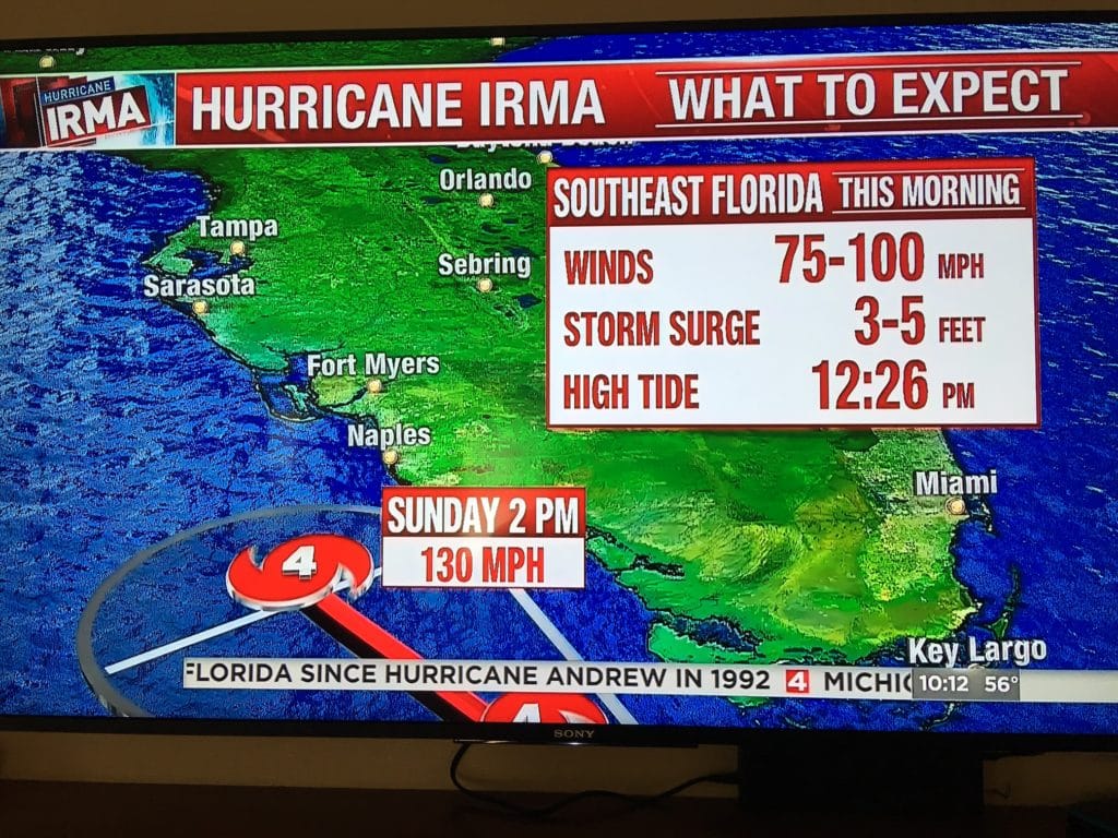 Hurricane Irma tracking map showing expected impact times and wind speeds.