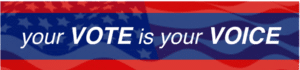 Text reads 'VOTE is you' over a faded American flag background.