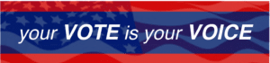 Patriotic message urging voting with American flag background.
