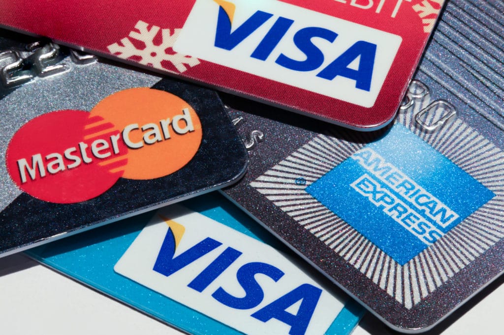 Various credit cards including Visa, Mastercard, and American Express.