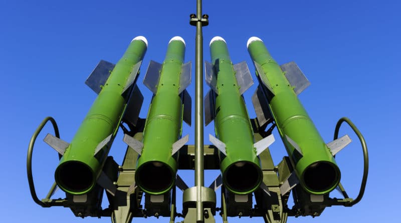 A close-up of green military missiles against a clear blue sky.