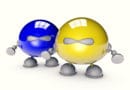 Two shiny spherical robots with arms and legs in blue and yellow.