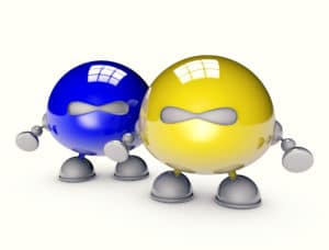 Two shiny spherical robots with arms and legs in blue and yellow.