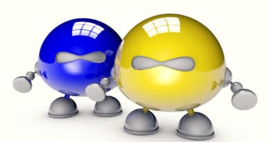 Two shiny spherical robots with arms and legs in blue and yellow.