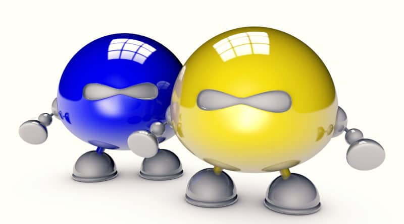 Two shiny spherical robots with arms and legs in blue and yellow.