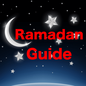 Night sky with crescent moon and stars, featuring 'Ramadan Guide' text.