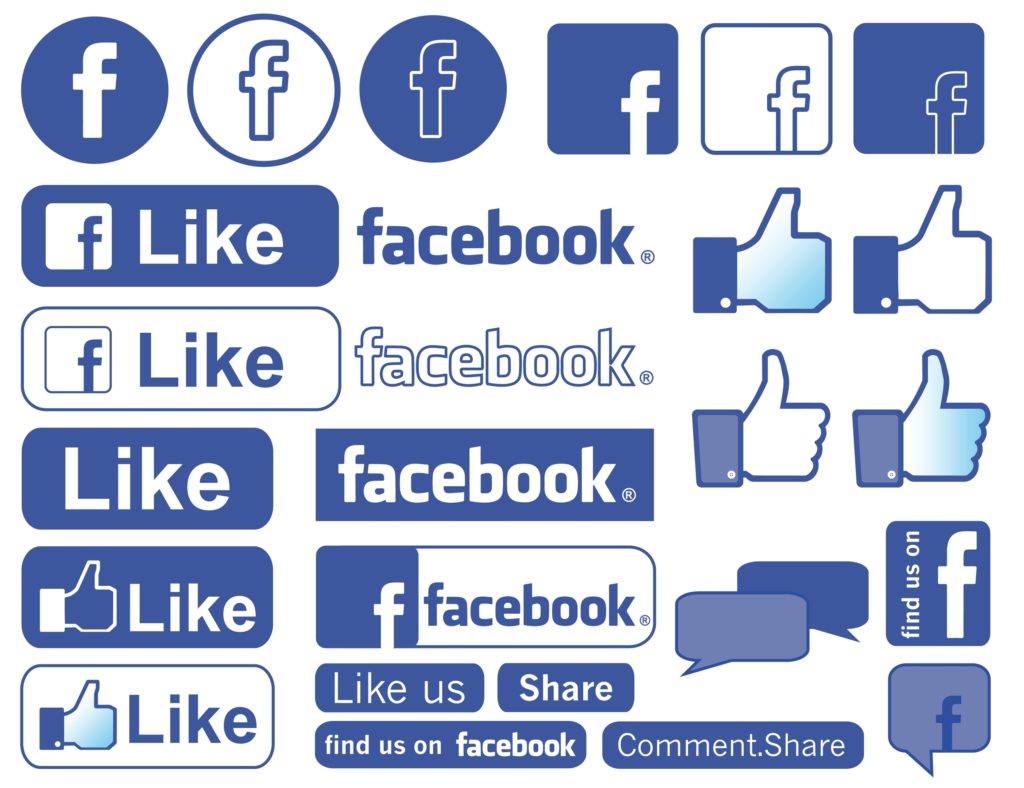 Various Facebook Like buttons and icons in different styles and sizes.