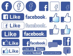Various Facebook Like and Share buttons in different styles and sizes.