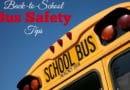 A school bus with a safety tips message for back-to-school season.