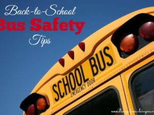A school bus with a safety tips message for back-to-school season.