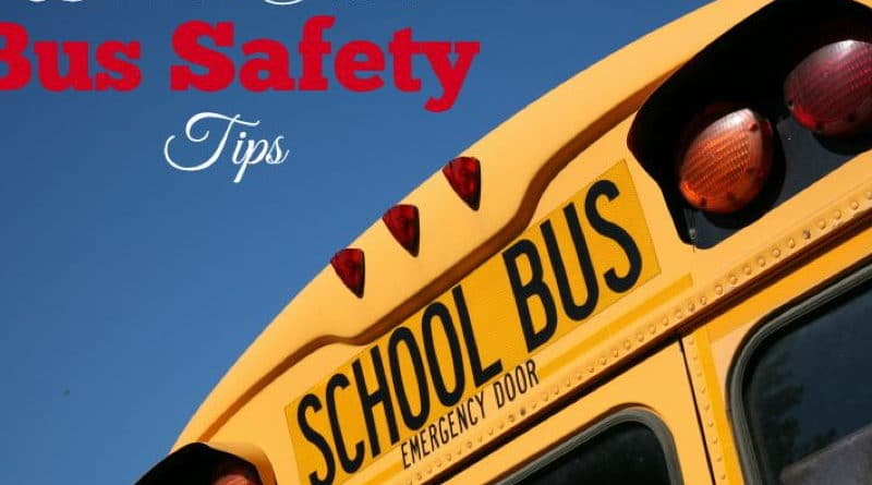 A school bus with a safety tips message for back-to-school season.