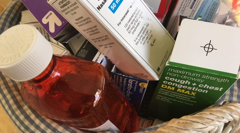 Basket filled with various medication bottles and boxes.