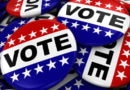 Red, white, and blue voting buttons symbolizing American elections.