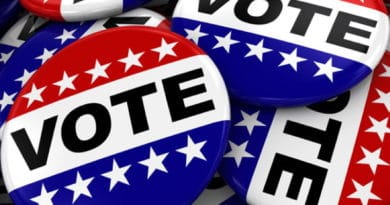Red, white, and blue voting buttons symbolizing American elections.