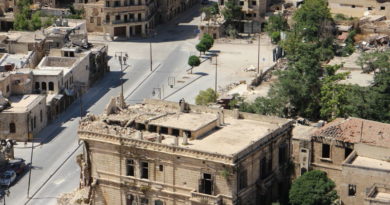 Ruined historic building in a deserted urban area.