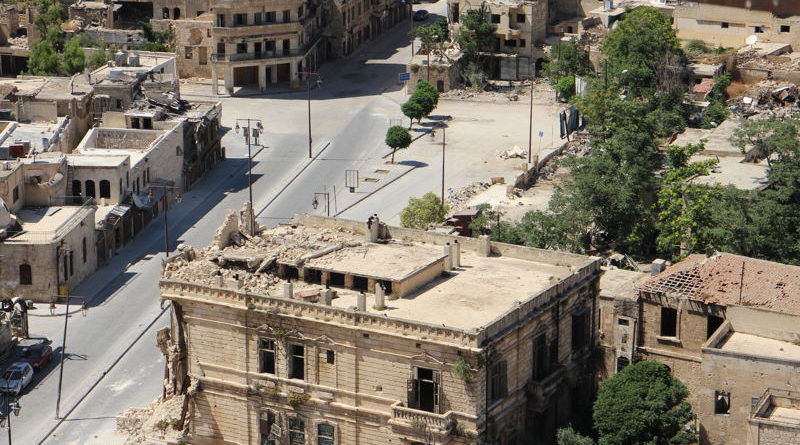 Ruined historic building in a deserted urban area.
