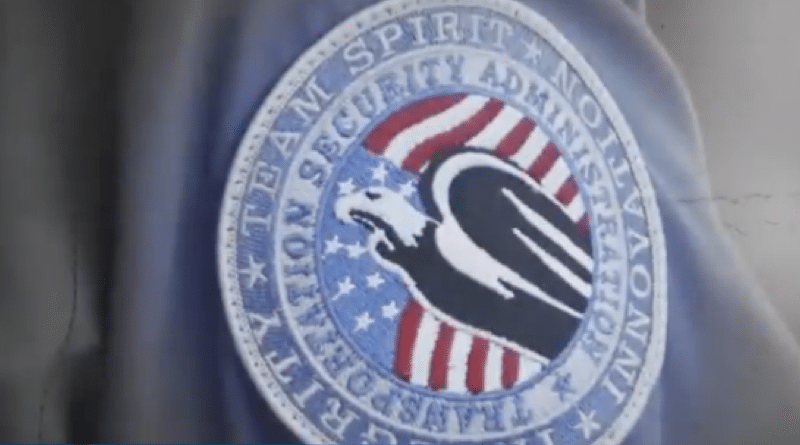 TSA agent's uniform patch with patriotic eagle and flag design.