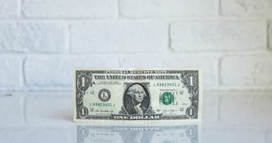 A one-dollar bill standing upright on a reflective surface against a white brick wall.