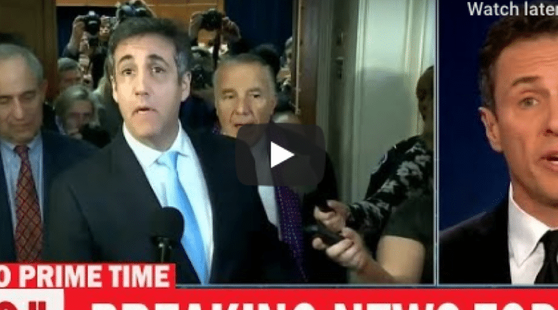 News reporter delivering breaking news with a live camera crew behind.