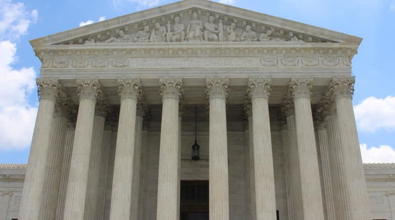 Front view of the United States Supreme Court building with tall columns.