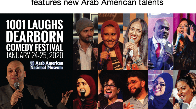Promotional poster for the 1001 Laughs Dearborn Comedy Festival featuring Arab American comedians.