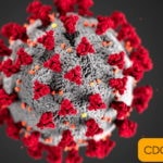 Close-up of the COVID-19 virus with red spike proteins.