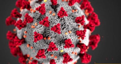 Close-up of the COVID-19 virus with red spike proteins.