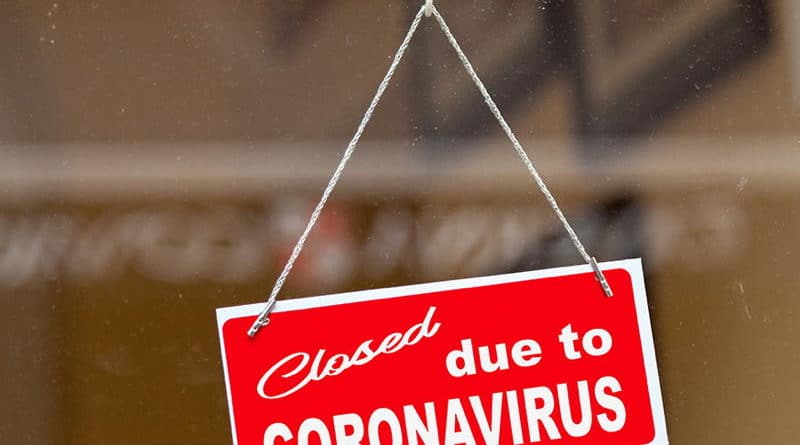 Red sign reading 'Closed due to CORONAVIRUS' hanging on a glass door.