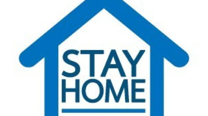 Blue house outline with 'Stay Home' message inside.
