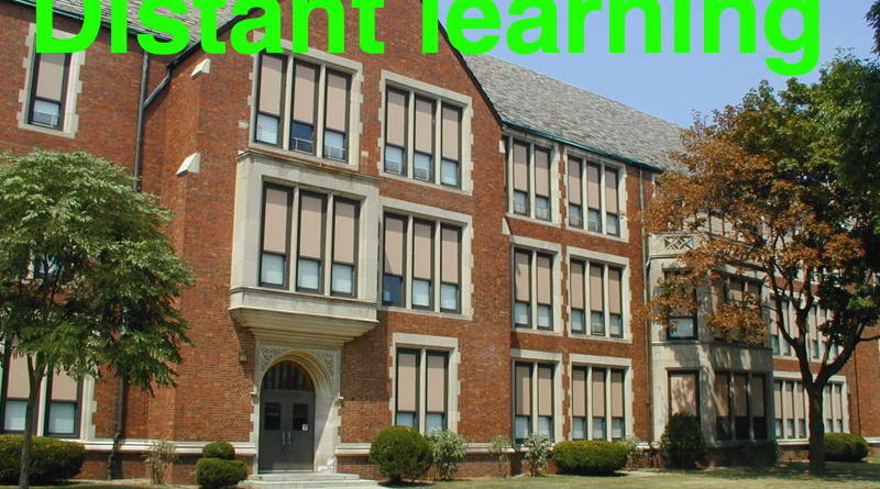 A classic brick school building with green text overlay about distant learning.