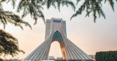 Azadi Tower framed by trees at sunset.