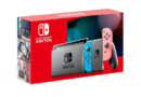 Nintendo Switch console with blue and red Joy-Con controllers in packaging.