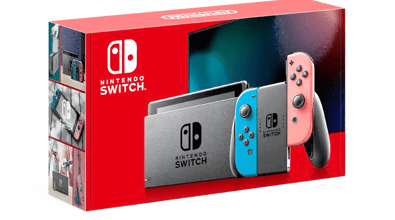 Nintendo Switch console with blue and red Joy-Con controllers in packaging.